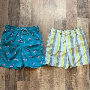 Kids Teal Flamingo Swim Shorts & Yellow Stripe Swim Trunks - 2 Pack - size 6/7